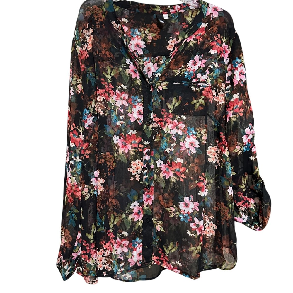 Kut From The Kloth Women Black Floral Semi Sheer Button Up Shirt 2X Whimsigoth